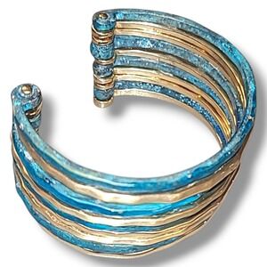 Gold Tone & Textured Teal‎ Blue Wide Open Cuff Bracelet